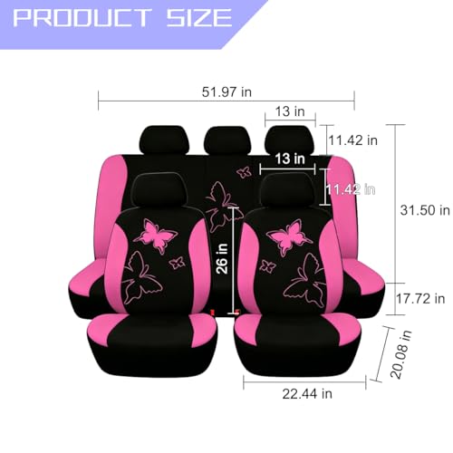 Sandfren Car Seat Covers 9PCS Butterfly Print High Back Vehicle Front Seat Rear Bench Protector Breathable Automotive Interior Chair Accessories Universal for SUV Sedan Truck Pink - Image 3