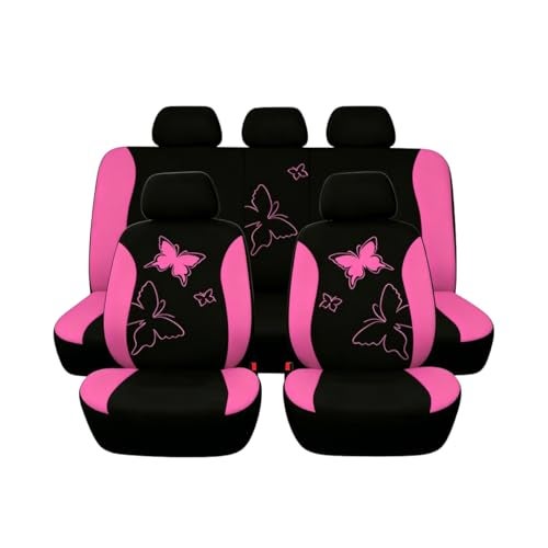 Sandfren Car Seat Covers 9PCS Butterfly Print High Back Vehicle Front Seat Rear Bench Protector Breathable Automotive Interior Chair Accessories Universal for SUV Sedan Truck Pink - Image 1