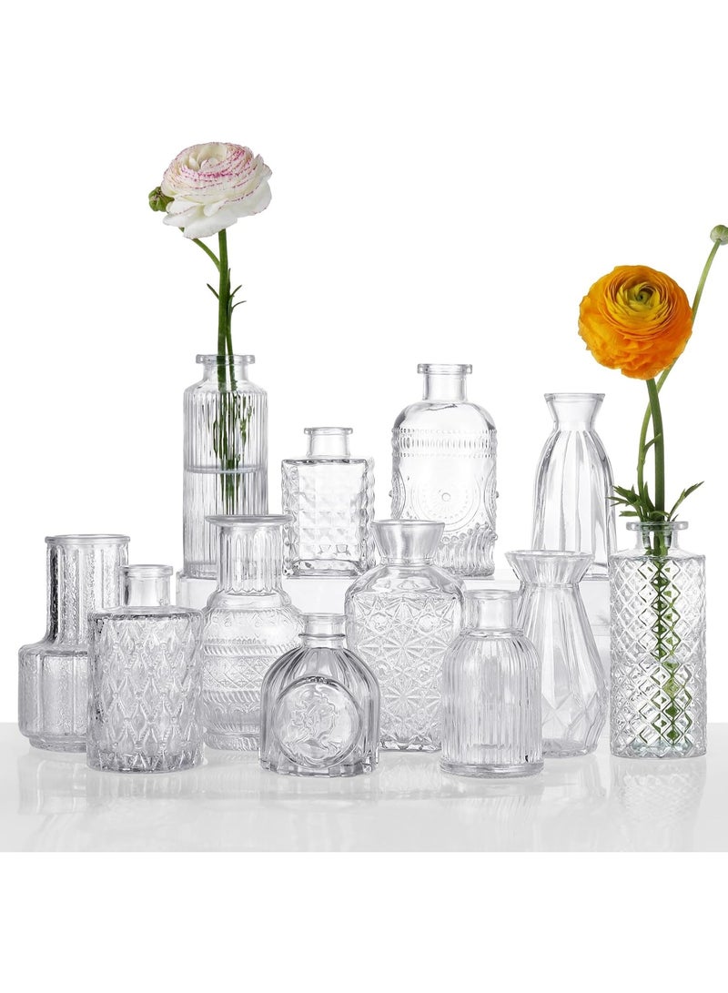 YQbest 12 Pcs Small Glass Bud Vase Set of，Mini Vintage Vases in Bulk, Clear Bud Vases for Centerpieces， Rustic Wedding Decorations，Home Table Flower Decor - Image 1