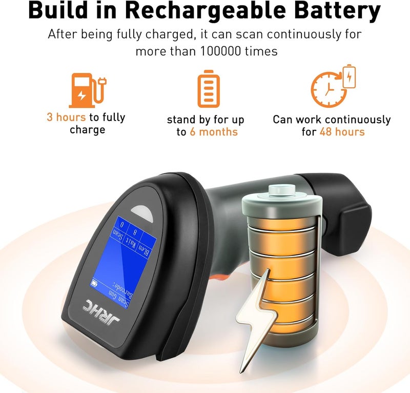 JRHC 1D Wireless Barcode Scanner, Automatic Barcode Reader with 1.8 Inch Display Screen, Rechargeable Handheld Barcode Reader with 2.4G Wireless Dongle, Built-in Base, Plug and Play - Image 4
