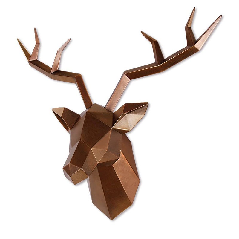 Keygift Deer Head Wall Decor Geometrical Antique Copper Deer Antlers Wall Sculpture Faux Taxidermy Resin Wall Animal Head 19x7x17 Inches - Image 3