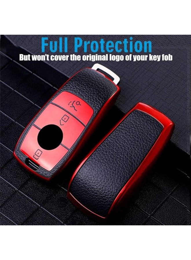 CTRINEWS for Mercedes Benz Key Fob Cover with Leather Keychain, Advanced Soft TPU Surface Leather Grain Key Fob Holder for New Mercedes Benz Smart Key(Red) - Image 2