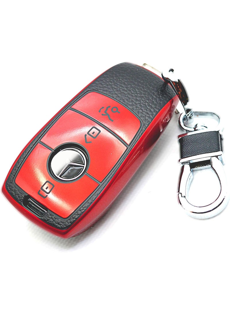 CTRINEWS for Mercedes Benz Key Fob Cover with Leather Keychain, Advanced Soft TPU Surface Leather Grain Key Fob Holder for New Mercedes Benz Smart Key(Red) - Image 1