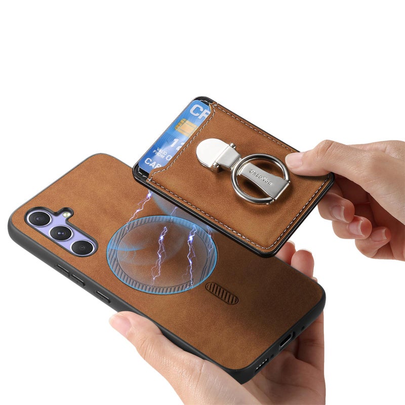erorex For Samsung Galaxy A26 5G Retro Folding Ring Holder Card Bag MagSafe Phone Case(Brown) - Image 4