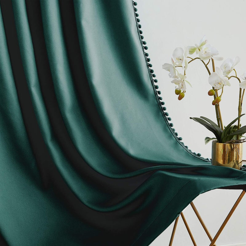 Treatmentex Green Pompom Curtains for Bedroom Living Room 95 inch Triple Weave Full Blackout Window Drapes for Hotel Men's Guest Room 52"" w x2 Panels Rod Pocket - Image 3