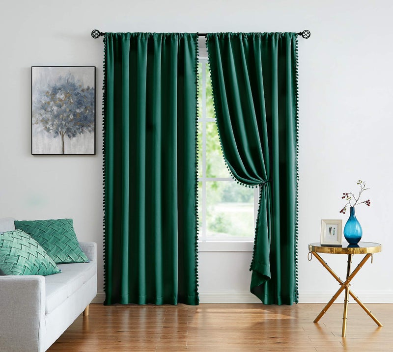 Treatmentex Green Pompom Curtains for Bedroom Living Room 95 inch Triple Weave Full Blackout Window Drapes for Hotel Men's Guest Room 52"" w x2 Panels Rod Pocket - Image 2