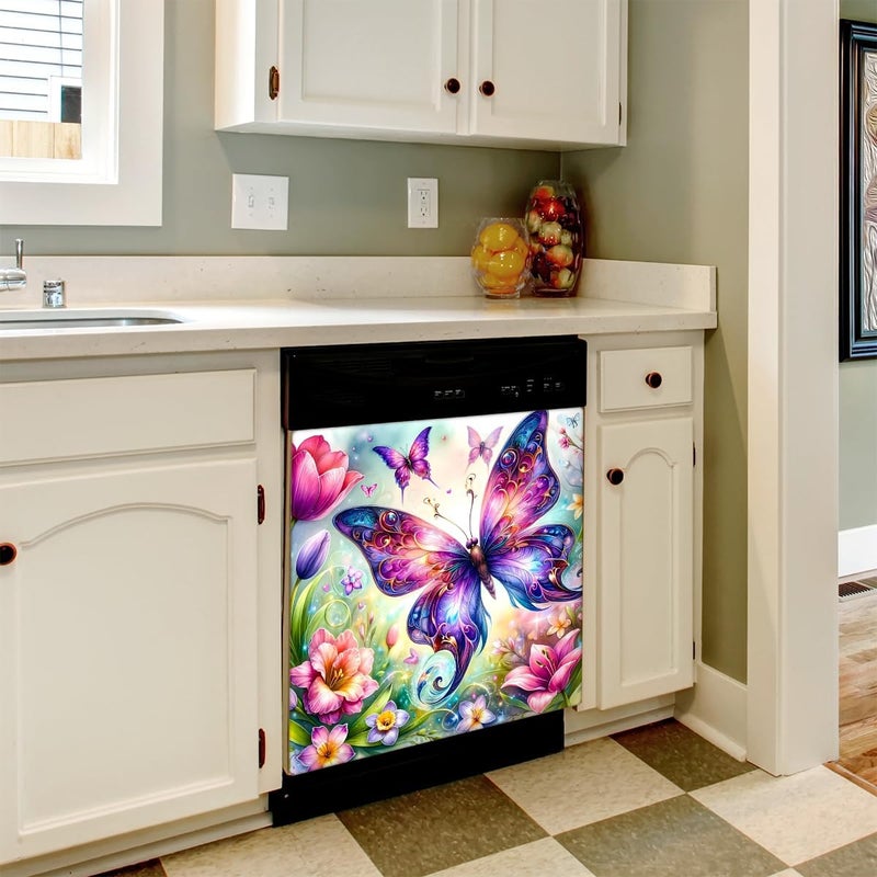 cfpolar Dishwasher Magnet Cover Butterfly Color Flowers Reusable Magnetic Door Cover Panel Decal Dishwasher Magnets Decorative Covers Refrigerator Kitchen Appliance Decor Front Dishwashers Covers 23" x 26" - Image 5