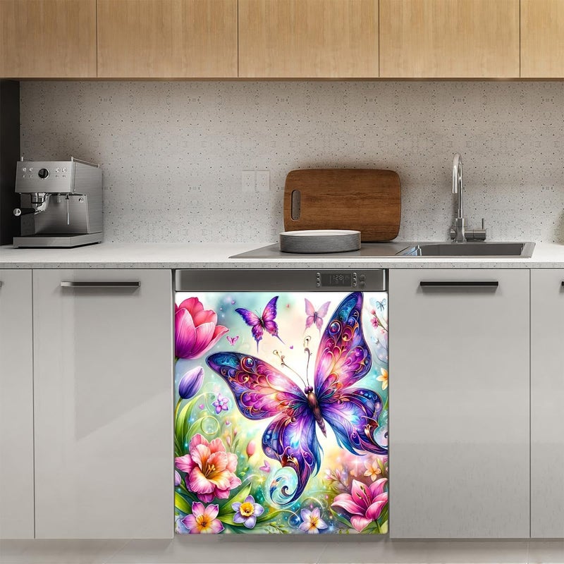 cfpolar Dishwasher Magnet Cover Butterfly Color Flowers Reusable Magnetic Door Cover Panel Decal Dishwasher Magnets Decorative Covers Refrigerator Kitchen Appliance Decor Front Dishwashers Covers 23" x 26" - Image 3