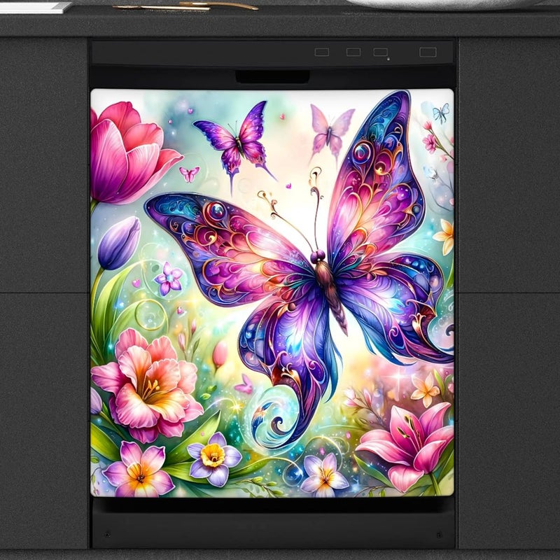 cfpolar Dishwasher Magnet Cover Butterfly Color Flowers Reusable Magnetic Door Cover Panel Decal Dishwasher Magnets Decorative Covers Refrigerator Kitchen Appliance Decor Front Dishwashers Covers 23" x 26" - Image 1