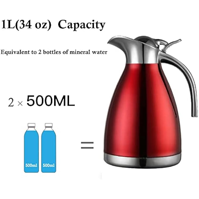 rayihni Vacuum Jug 304 Stainless Steel DoubleWall Thermal Carafe Coffee Pot AntiLeakage AntiSplashing Juice Milk Tea Pot Insulation Red 1L - Image 5