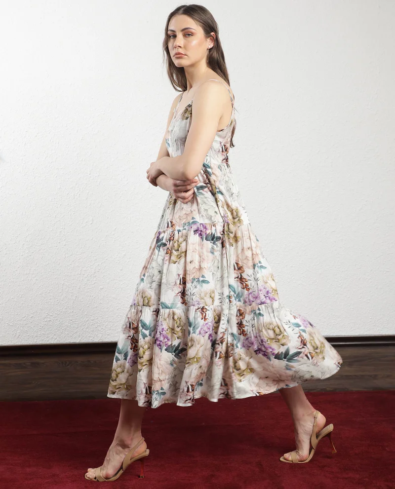 Rareism Women's Floral Whimsy Long Tier Dress