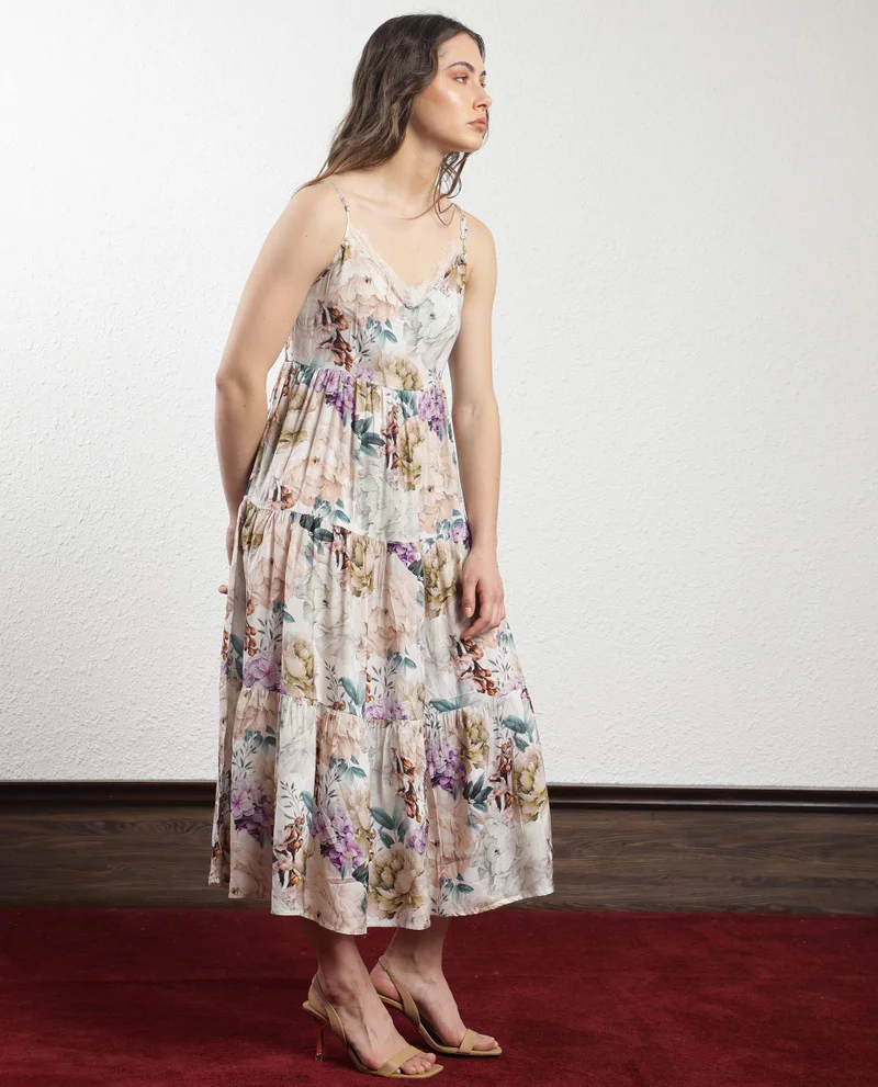 Rareism Women's Floral Whimsy Long Tier Dress