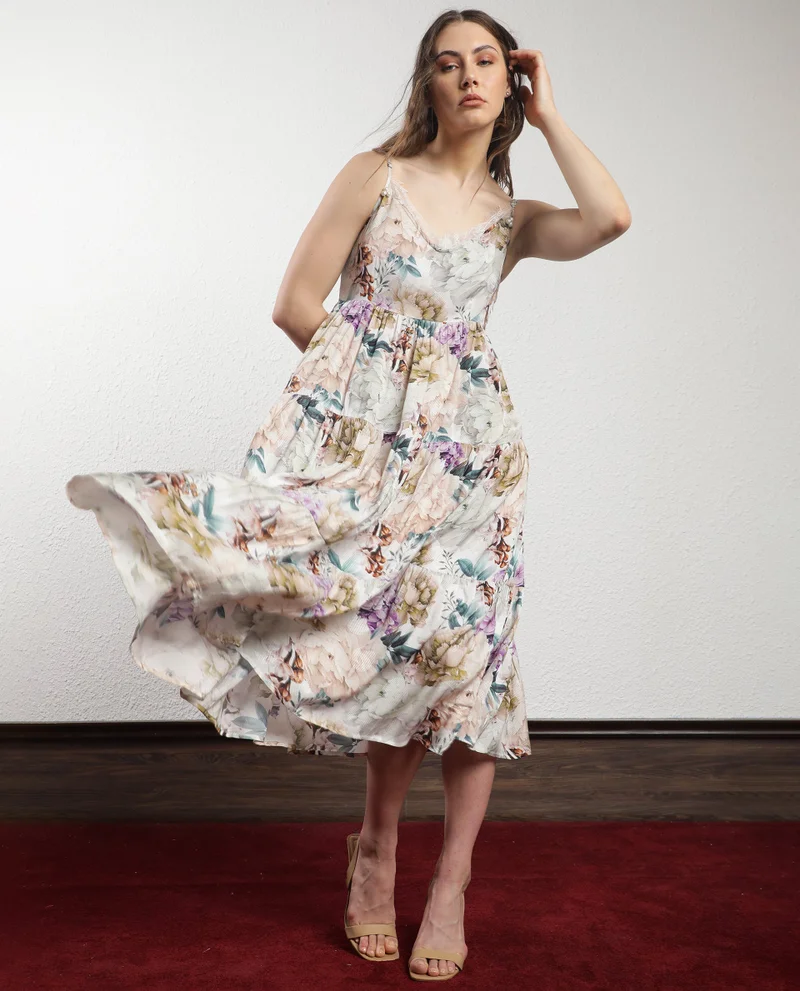 Rareism Women's Floral Whimsy Long Tier Dress