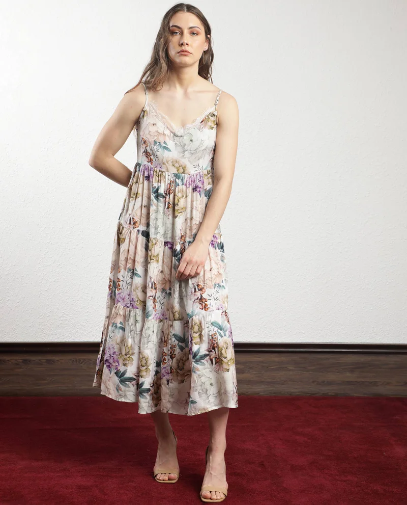 Rareism Women's Floral Whimsy Long Tier Dress
