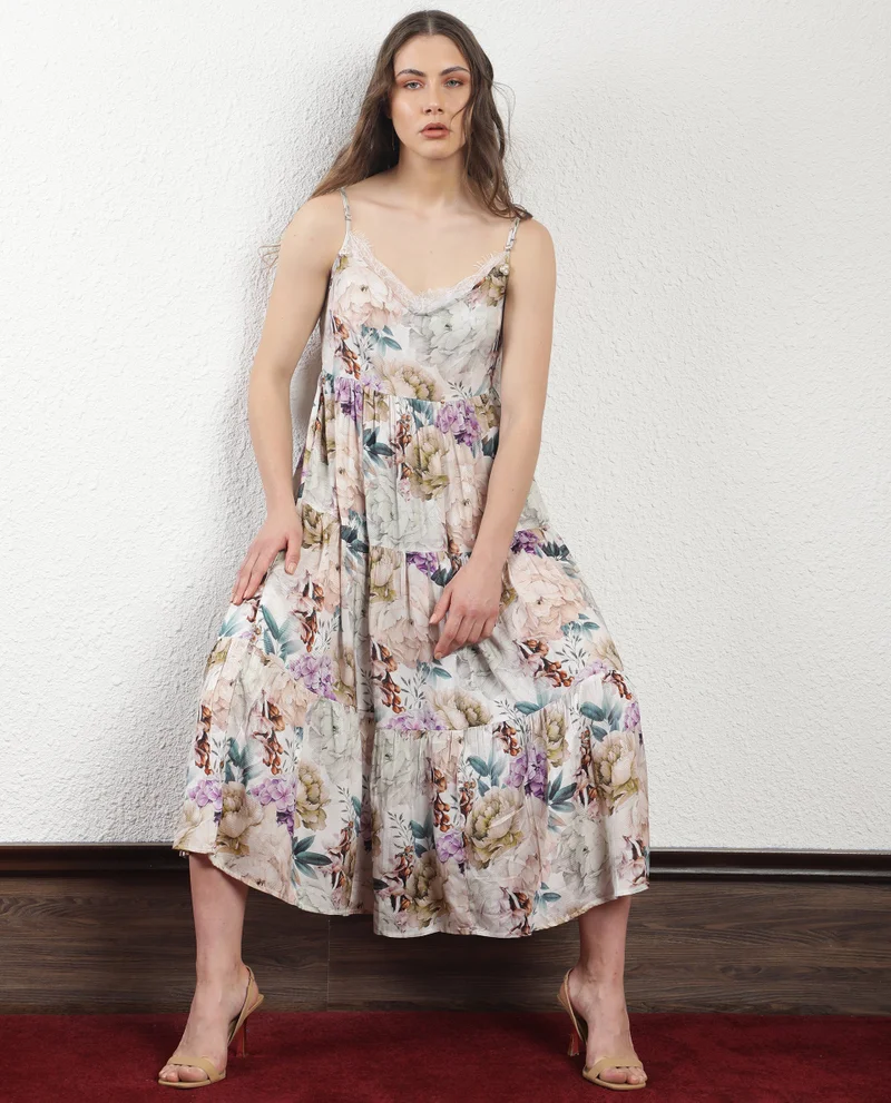 Rareism Women's Floral Whimsy Long Tier Dress