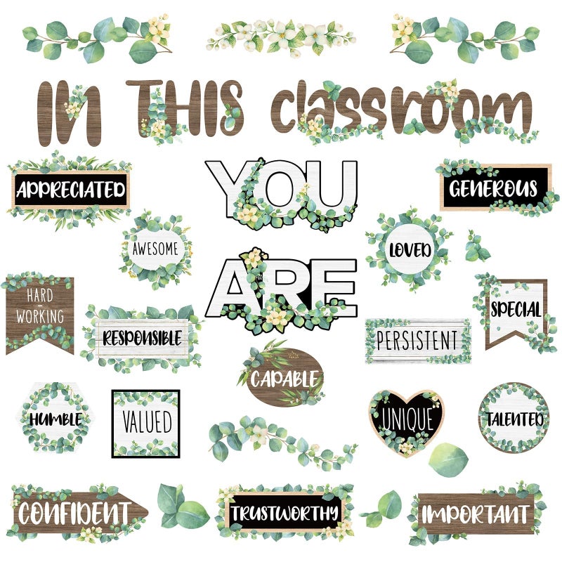 VABAMNA Bulletin Board Decorations Eucalyptus Classroom Decor 30Pcs Eucalyptus Positive Inspirational Affirmation Decor Greenery Classroom Decor for Teacher School Supplies Classroom Door Wall