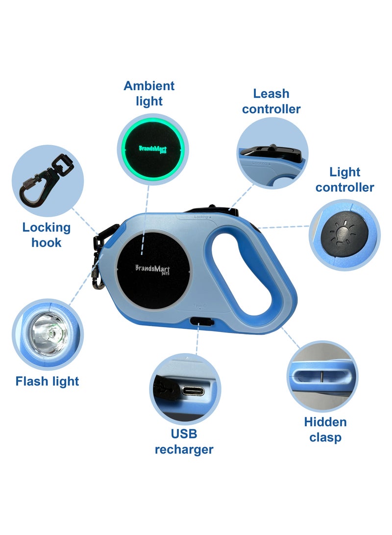 BrandsMart Retractable Dog Leash with LED Light, 5M (16ft) Heavy-Duty Tape, USB Rechargeable, Night Safety Flashlight & Ambient Light, One-Hand Brake & Lock, for Medium to Large Dogs - Image 4