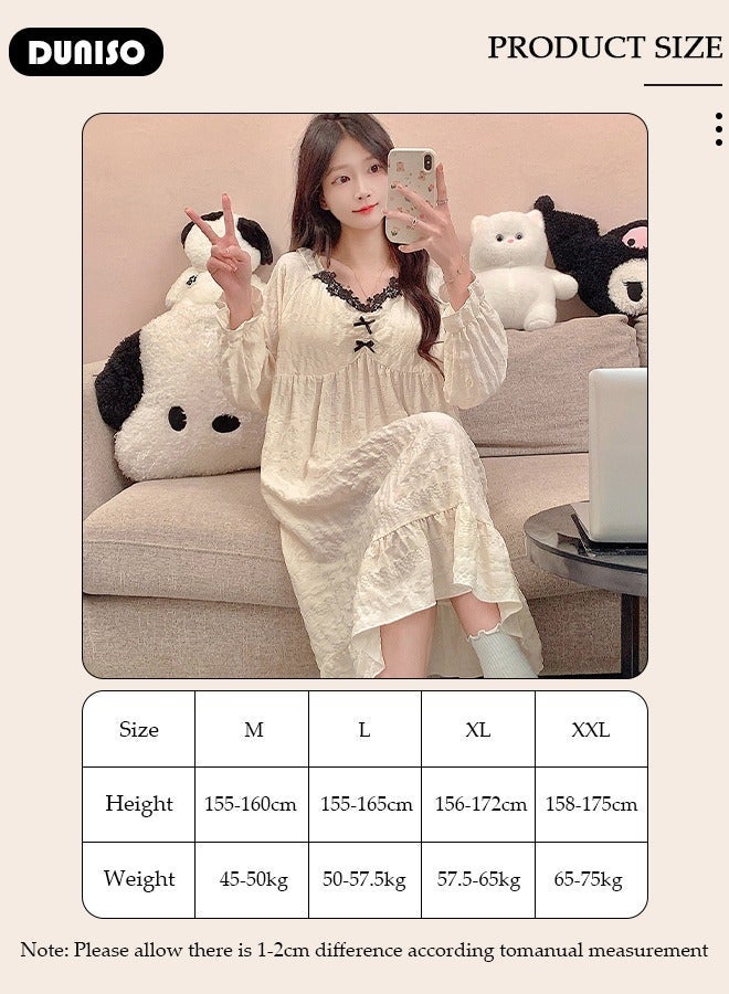 DUNISO Women's Long Sleeve Nightgown, Soft Comfortable Cotton Sleepwear Dress, Ventilate V Neck Home Wear with Brassiere Pad, Lounge Dress for Can Be Worn Outside - Image 4