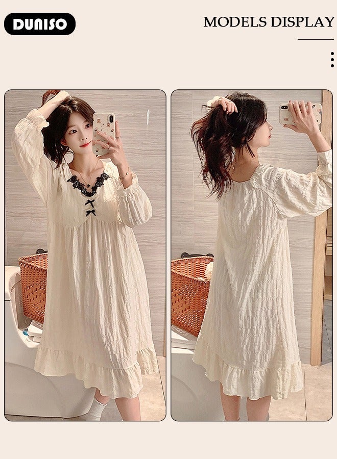 DUNISO Women's Long Sleeve Nightgown, Soft Comfortable Cotton Sleepwear Dress, Ventilate V Neck Home Wear with Brassiere Pad, Lounge Dress for Can Be Worn Outside - Image 5