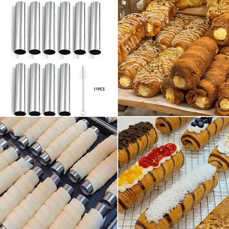 11 Piece Cream Puff Tube Set With Cleaning Brush Stainless Steel Baking Mold For Pastries Croissant Shells Ice Cream Muffins Waffles And Cream Puffs - Image 4