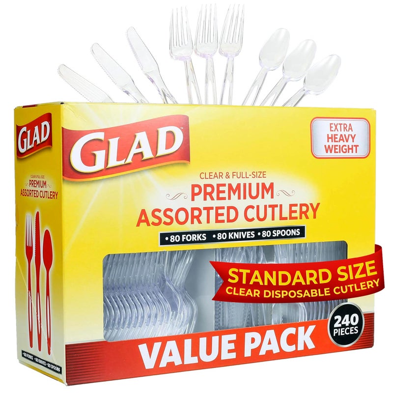 Glad مجموعة أدوات المائدة القابلة للتصرف من جلاد - شوك، سكاكين، وملاعق بلاستيكية ثقيلة شفافة - 240 قطعة من أدوات المائدة للحفلات - أدوات متينة وقوية قابلة لإعادة التدوير - رائعة ليوم 4 يوليو، عيد الشكر، عيد الميلاد - Image 1