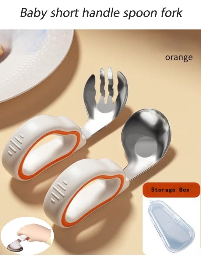 Baby Short Handle Training Spoon Self-feeding Flatware Set with Case, Baby Spoons and Forks with Silicone Bendable Handle, Easy Grip Heat-Resistant, Ideal for Kids,  Fork Set - 316 Stainless Steel with Soft Silicone Grip, Ideal for Infant Self-Feeding and Toddler Mealtime Practice  - Image 1