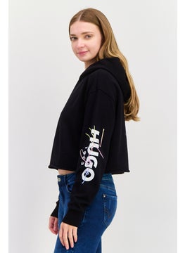 HUGO by Hugo Boss Women Hooded Long Sleeve Brand Logo Sweatshirt, Black  - Image 2