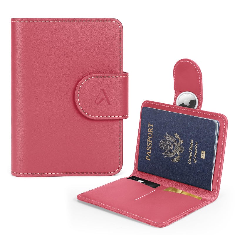 ALLIVE Rfid Passport Holder for Travel Women, Rfid Passport Cover Wallet, Genuine Leather Passport Holder for Travel with AirTag Hidden, Airport Essentials, Travel Gifts (Rose Pink) - Image 1