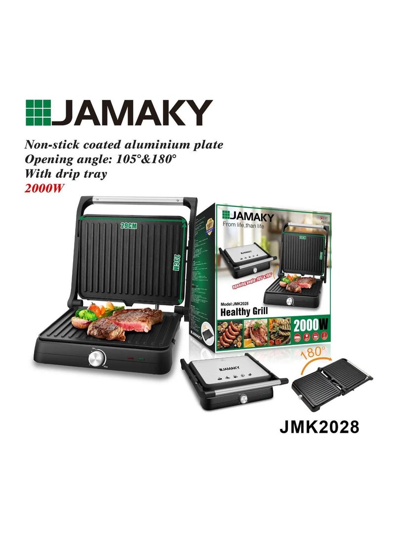 Jamaky Italy شواية جريل كهربائية من جاماكي بتكنولوجيا إيطالية 2000 واط JMK-2028  غير لاصقةالسطح ، مثالي للتنظيف السريع - اسود_ ايطالي
