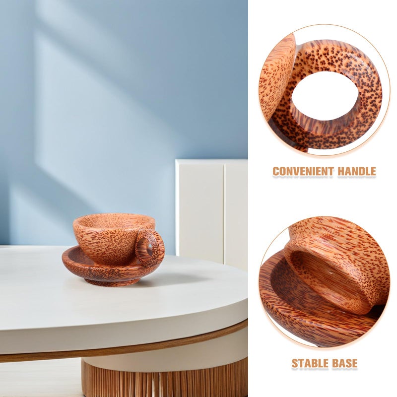 Natural Coconut Wood Tea Mug With Handle And Coaster Set For Coffee Breakfast Home Office - Image 4