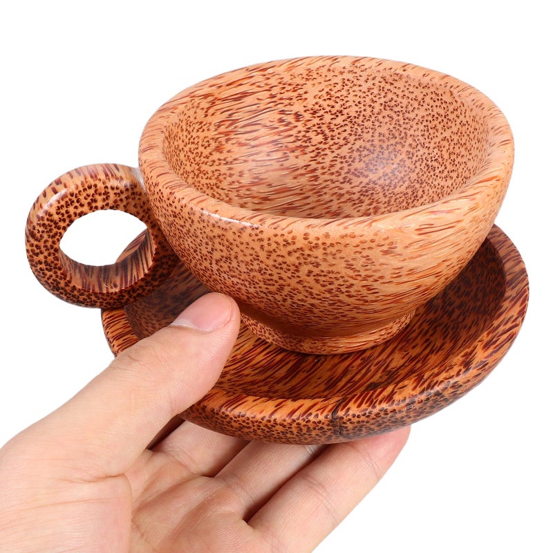 Natural Coconut Wood Tea Mug With Handle And Coaster Set For Coffee Breakfast Home Office - Image 5