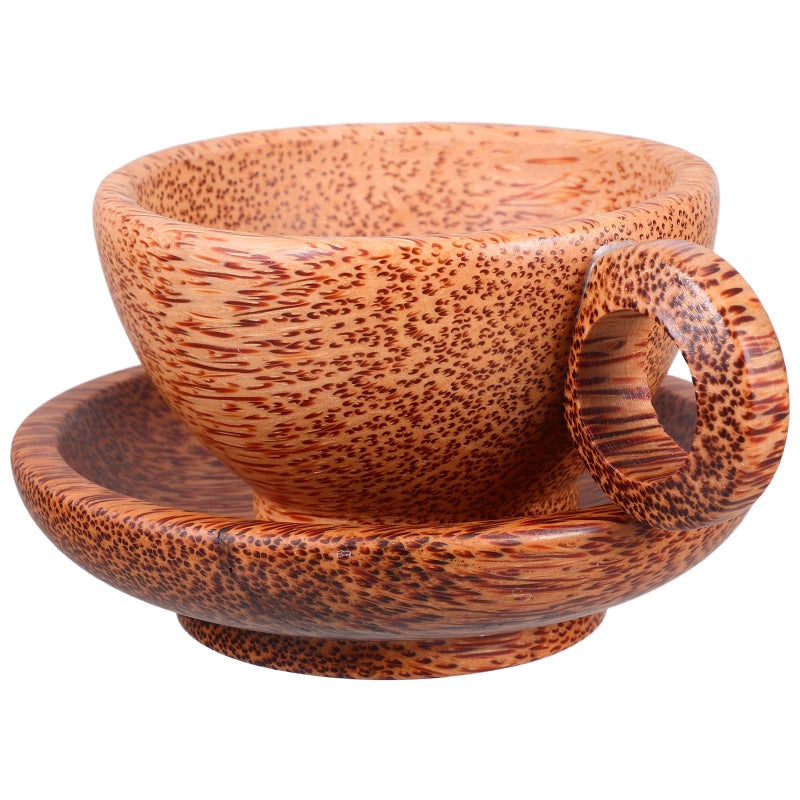 Natural Coconut Wood Tea Mug With Handle And Coaster Set For Coffee Breakfast Home Office - Image 2