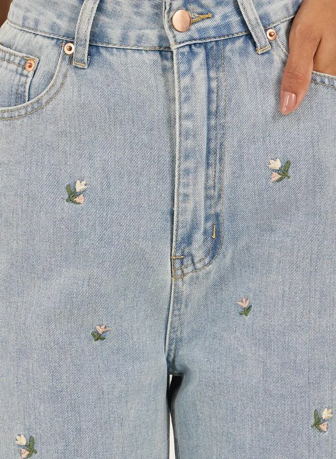 Styli Straight Fit Embroidered Faded Jeans