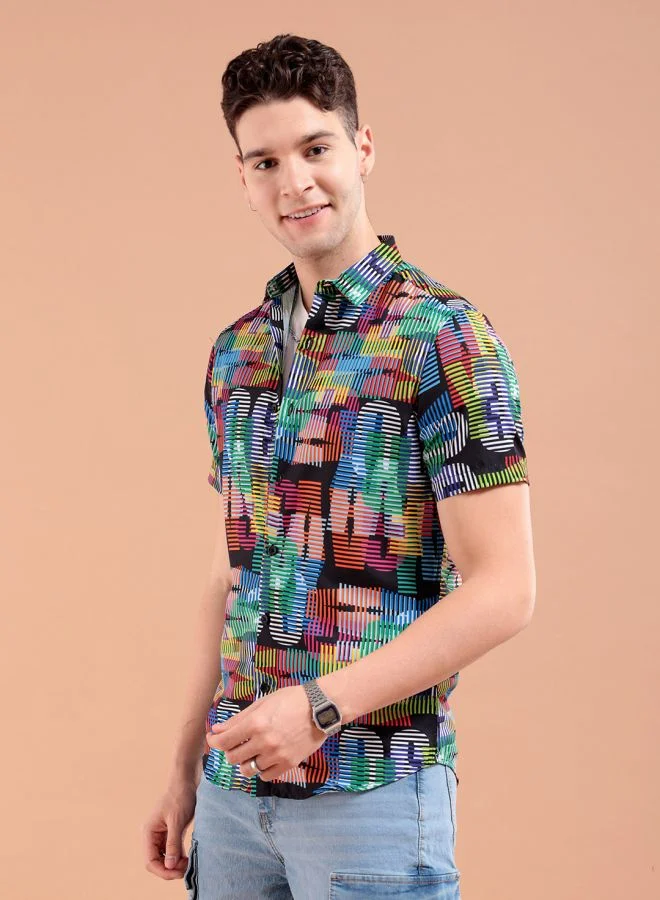 The Indian Garage Co Men Regular Fit Abstract Printed Half Sleeves Cutaway Collar Street Wear Shirt