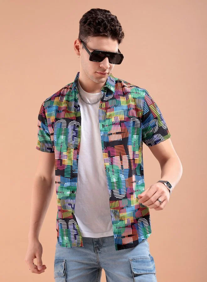 The Indian Garage Co Men Regular Fit Abstract Printed Half Sleeves Cutaway Collar Street Wear Shirt