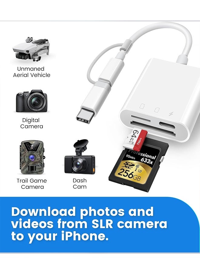 Universal memory card reader 2-in-1 SD card reader for iPhone/iPad with Lightning/Type-C/USB interface, Digital Trail Camera SD Card Viewer with Dual Slot for MicroSD/SD,  for Photography, Plug and Play