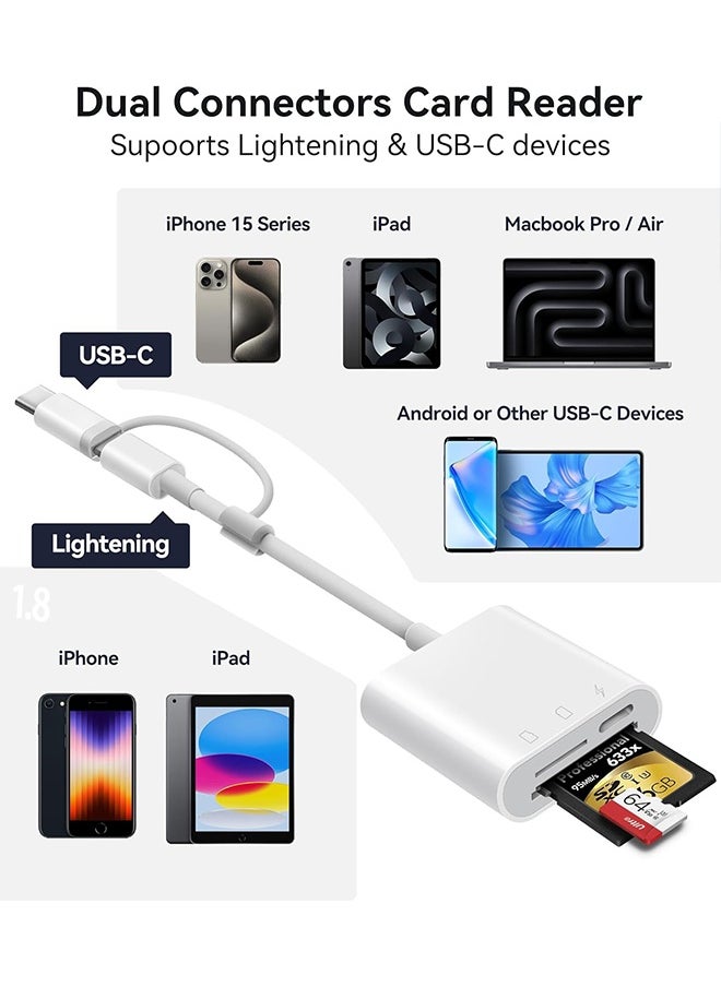 Universal memory card reader 2-in-1 SD card reader for iPhone/iPad with Lightning/Type-C/USB interface, Digital Trail Camera SD Card Viewer with Dual Slot for MicroSD/SD,  for Photography, Plug and Play