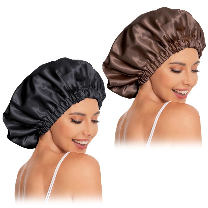 Edoneery Satin Bonnet Silk Bonnet Hair Bonnet for SleepingSlouchy Beanie Hat Satin Sleep Cap for Womens Natural  Curly HairBlackBrown