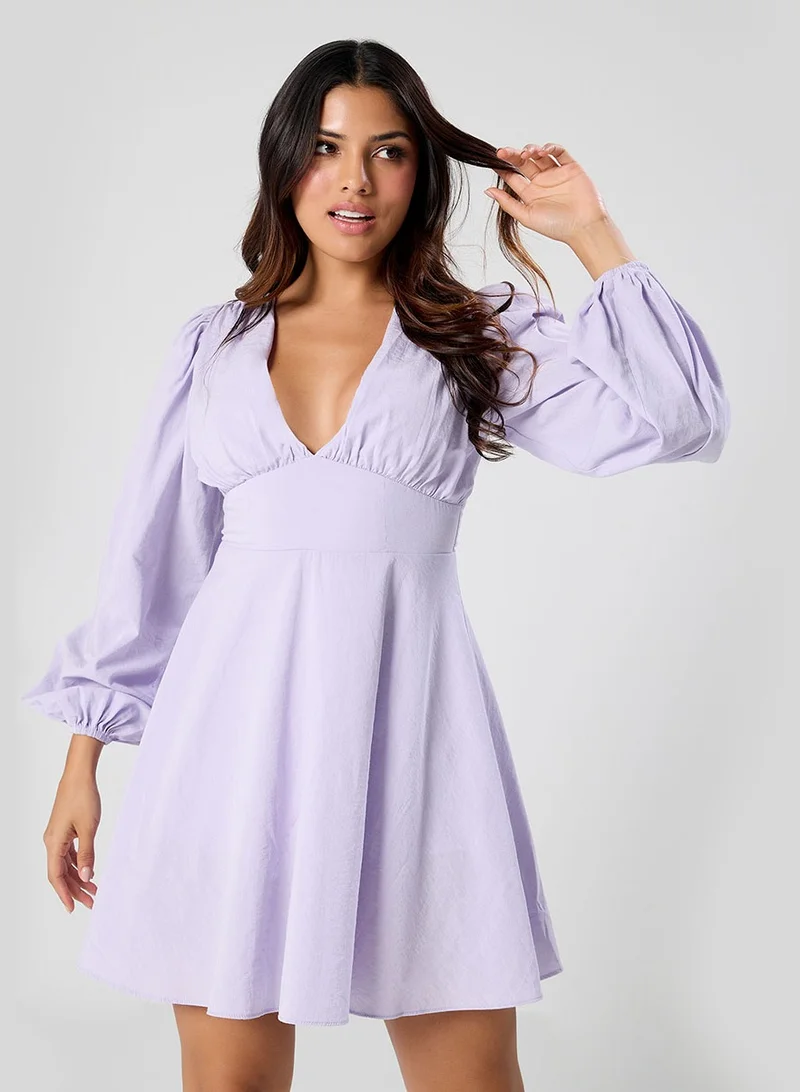 زجزاج Long Puffed Sleeve Plunge Vneck Dress