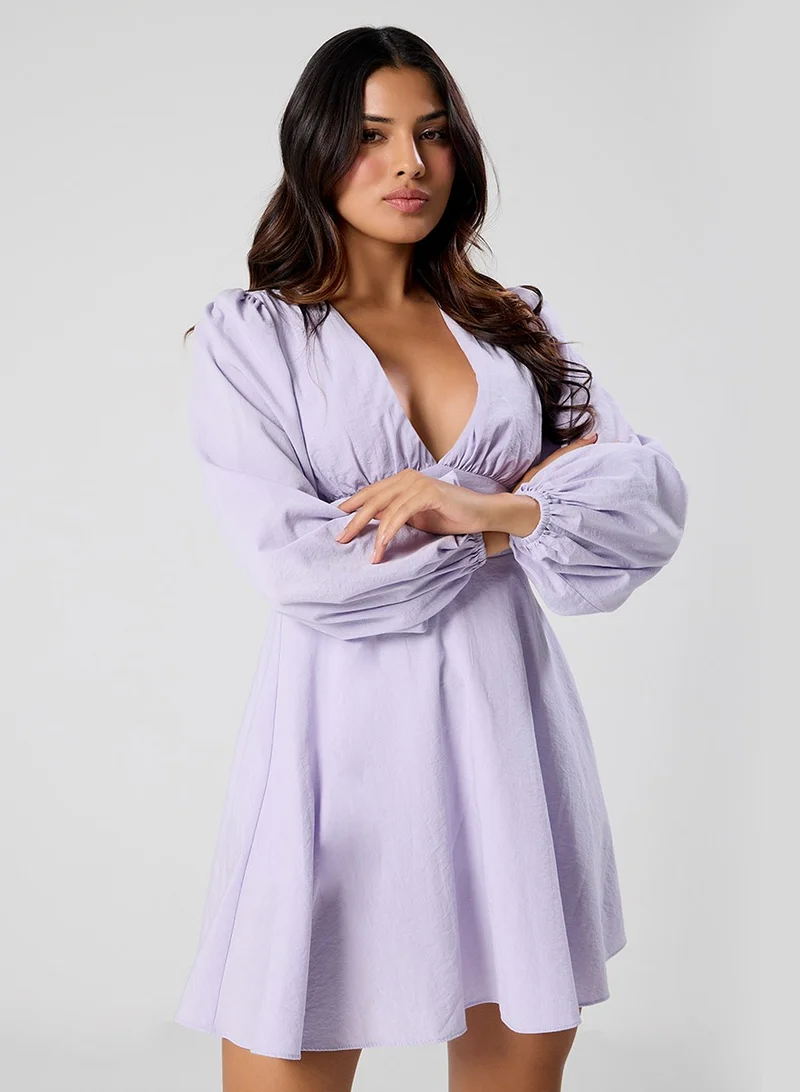 زجزاج Long Puffed Sleeve Plunge Vneck Dress