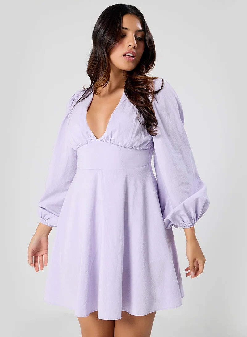 Zigzag Long Puffed Sleeve Plunge Vneck Dress