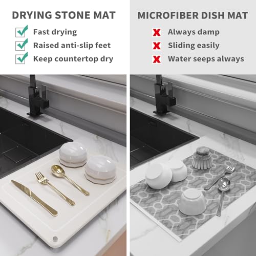 Johamoo Dish Drying Stone, Water Absorbing Stone Dish Drying Mats for Kitchen Counter, Non-Slip Stone Drying Sink Tray Pad for Dish Bottles Cups, Diatomaceous Earth Sink Caddy Organizer, White - Image 4