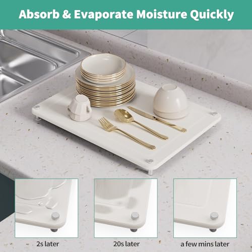 Johamoo Dish Drying Stone, Water Absorbing Stone Dish Drying Mats for Kitchen Counter, Non-Slip Stone Drying Sink Tray Pad for Dish Bottles Cups, Diatomaceous Earth Sink Caddy Organizer, White - Image 2