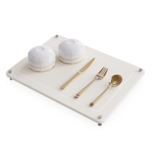 Johamoo Dish Drying Stone, Water Absorbing Stone Dish Drying Mats for Kitchen Counter, Non-Slip Stone Drying Sink Tray Pad for Dish Bottles Cups, Diatomaceous Earth Sink Caddy Organizer, White - Image 1