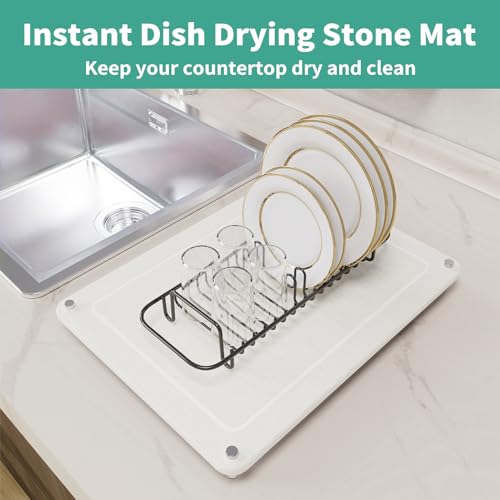 Johamoo Dish Drying Stone, Water Absorbing Stone Dish Drying Mats for Kitchen Counter, Non-Slip Stone Drying Sink Tray Pad for Dish Bottles Cups, Diatomaceous Earth Sink Caddy Organizer, White - Image 5