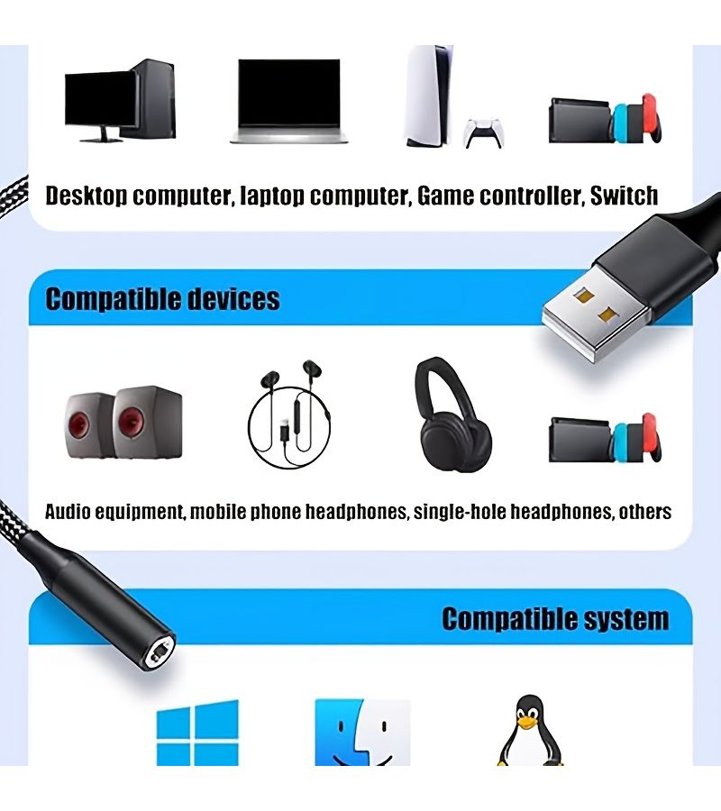 كابل إيلو من USB إلى 3.5 ملم مقسم الصوت المساعد عبوة من قطعتين محول لجهاز لابتوب ماك - Image 4