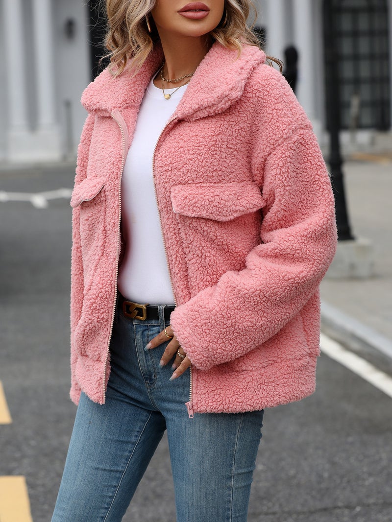 Women's Faux Fur Coat with Zipper and Large Pockets - Image 3