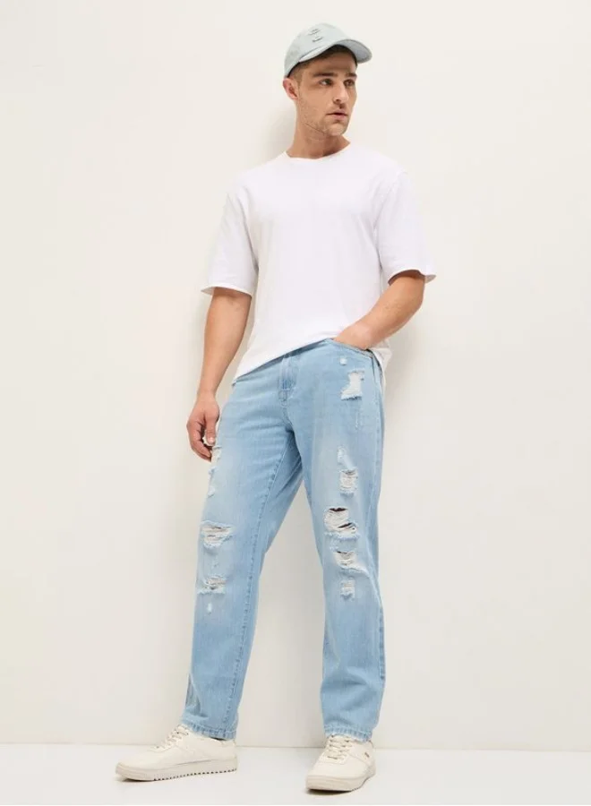 THE BEAR HOUSE  Men's Light Blue with Light Fade High Distressed Mid-Rise Relaxed Fit Jeans Classic Comfort With Modern Style, Perfect For Everyday Casual Looks And Effortless Streetwear Vibes for Men | Best Price UAE