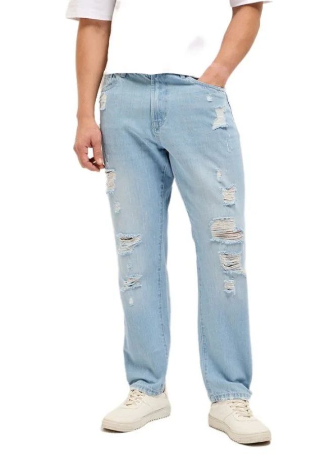 Men's Light Blue with Light Fade High Distressed Mid-Rise Relaxed Fit Jeans Classic Comfort With Modern Style, Perfect For Everyday Casual Looks And Effortless Streetwear Vibes