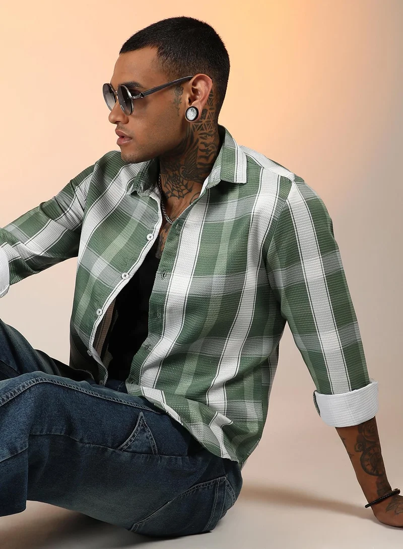 Campus Sutra Men's Sage Green Tartan Plaid Shirt
